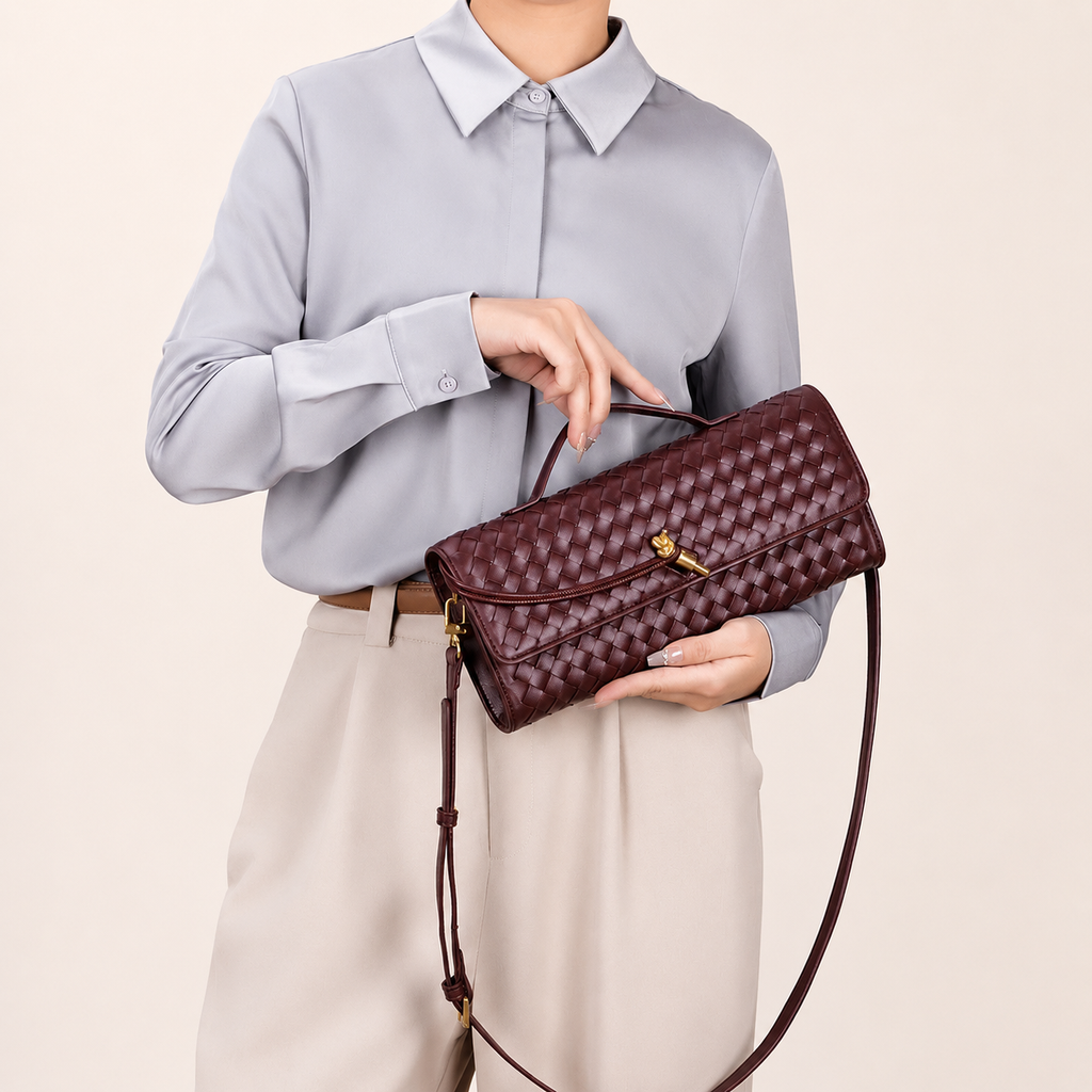 Wine Red Woven Crossbody Handbag – 12.2 × 5.1 in