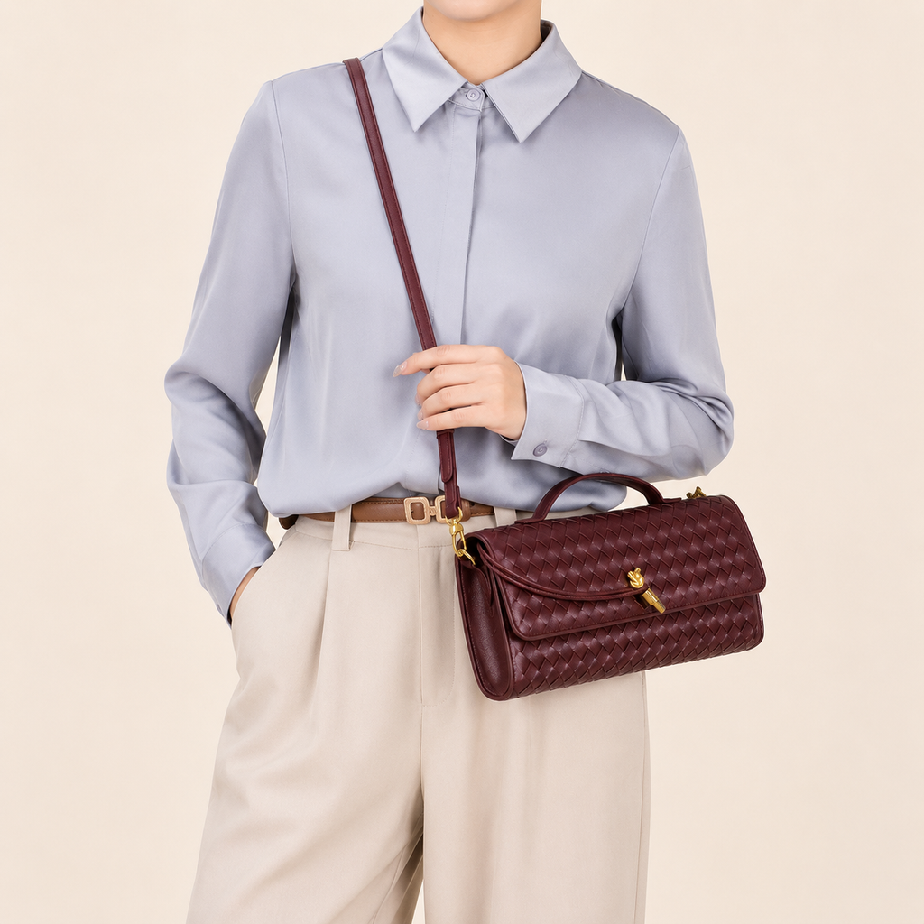 Wine Red Woven Crossbody Handbag – 12.2 × 5.1 in