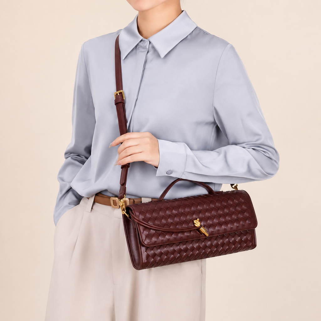 Wine Red Woven Crossbody Handbag – 12.2 × 5.1 in