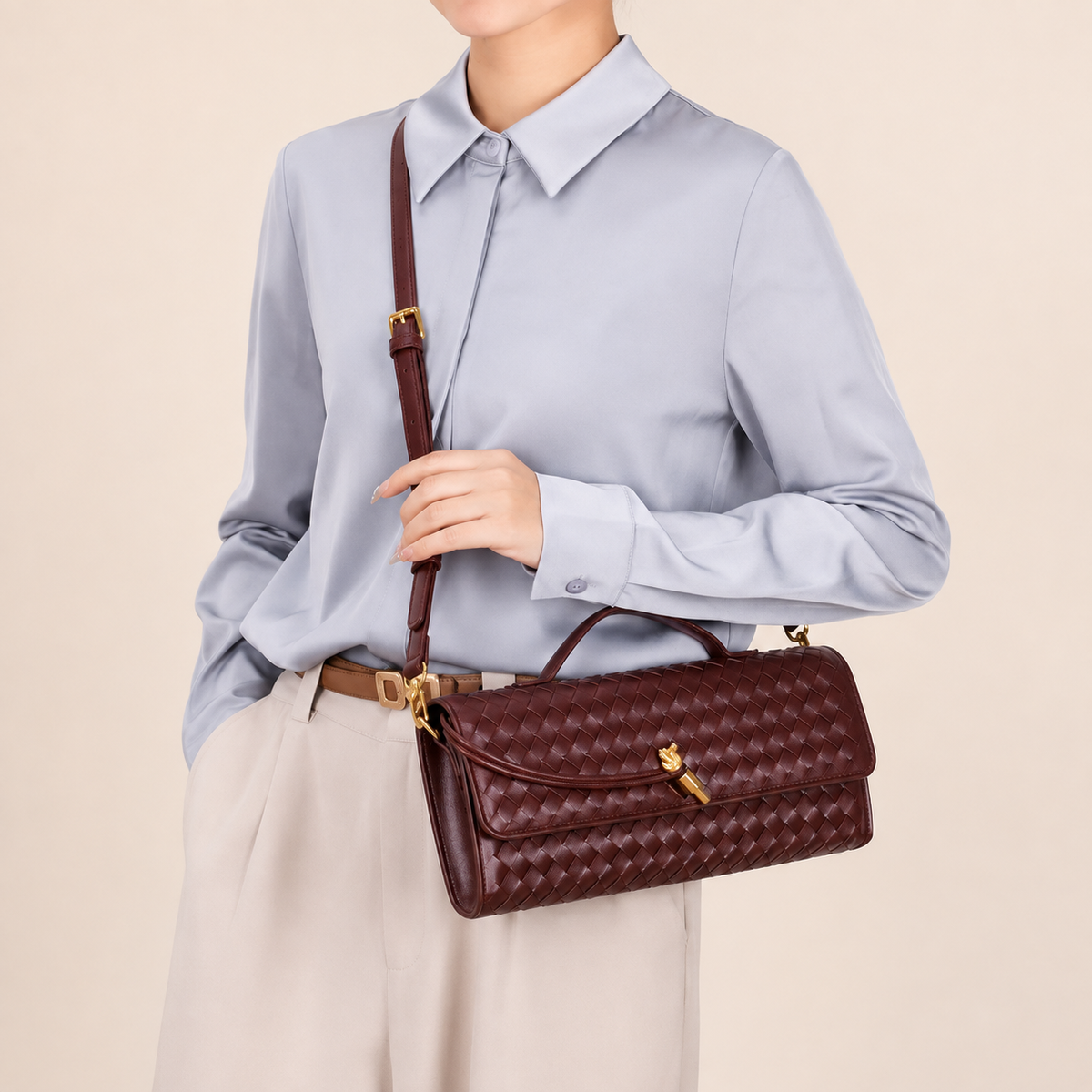 Wine Red Woven Crossbody Handbag – 12.2 × 5.1 in