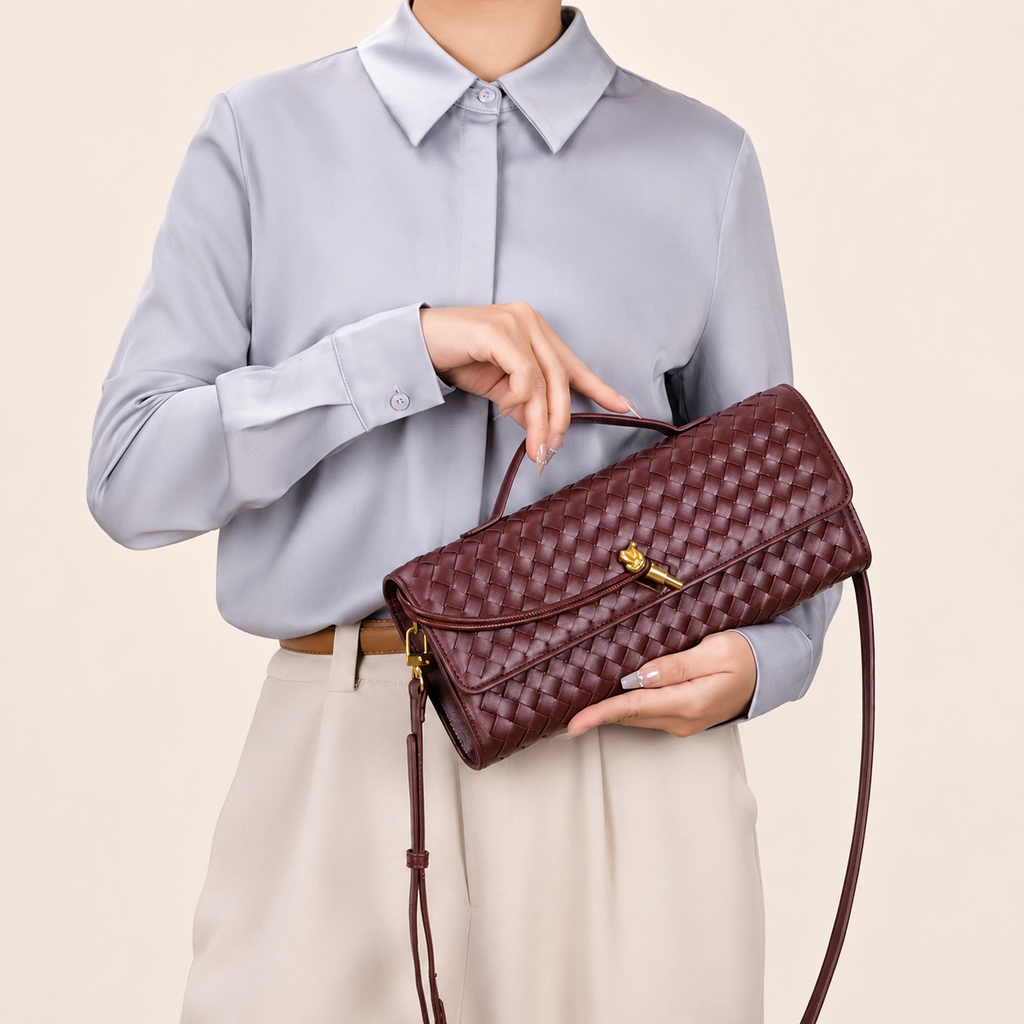 Wine Red Woven Crossbody Handbag – 12.2 × 5.1 in