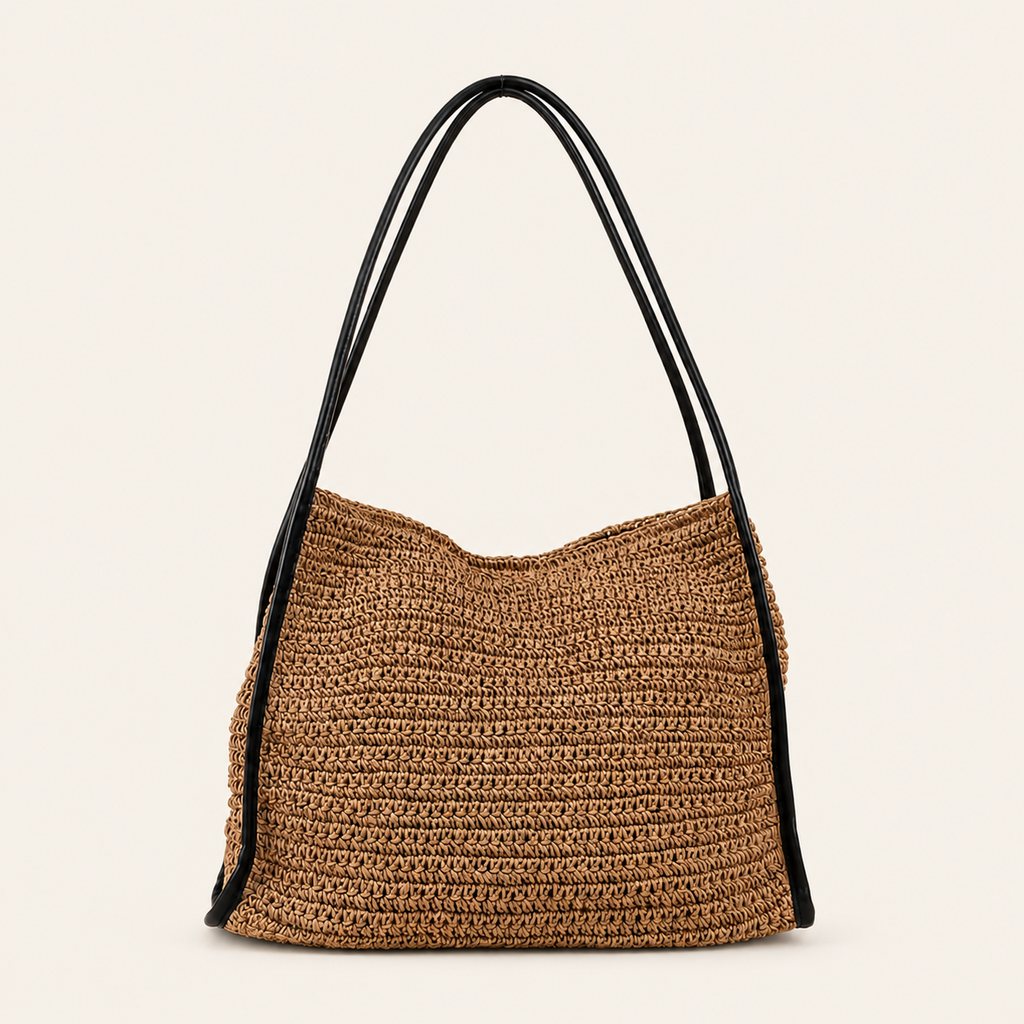 Woven Medium Shoulder Bag – Tan with Black Handles
