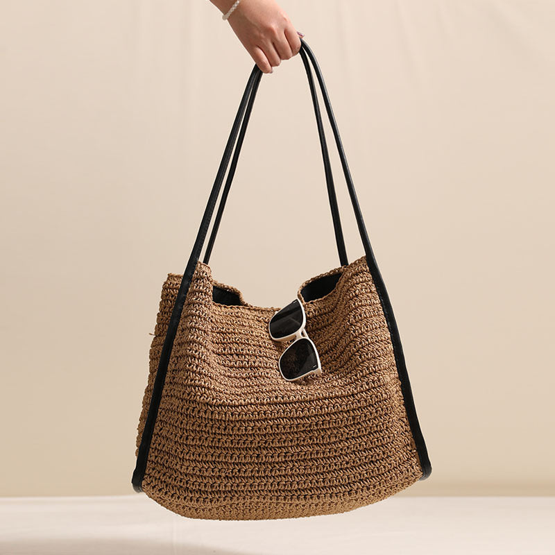 Woven Medium Shoulder Bag – Tan with Black Handles