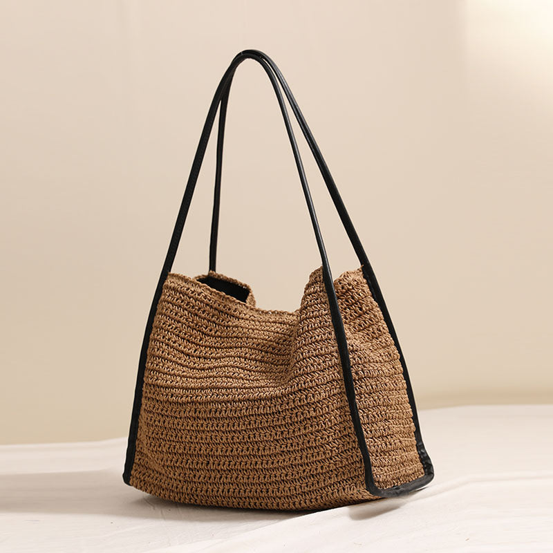 Woven Medium Shoulder Bag – Tan with Black Handles