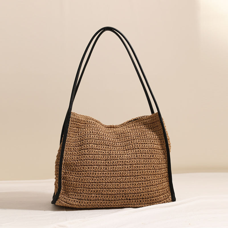 Woven Medium Shoulder Bag – Tan with Black Handles