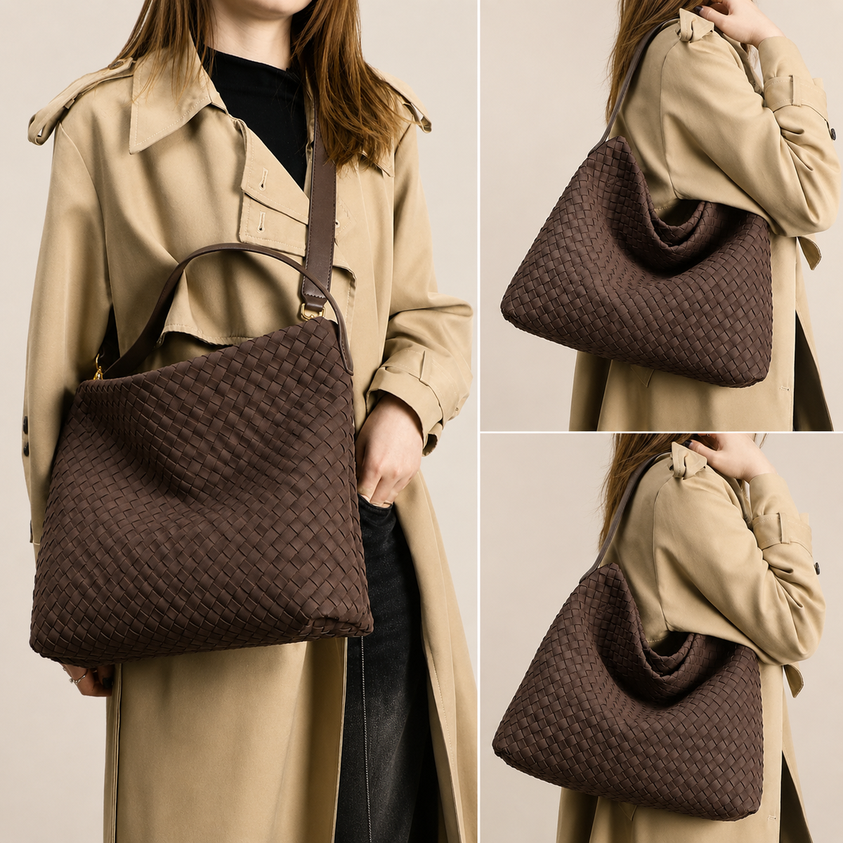 Dark Brown Woven Shoulder Bag – 13.4 × 11.4 in