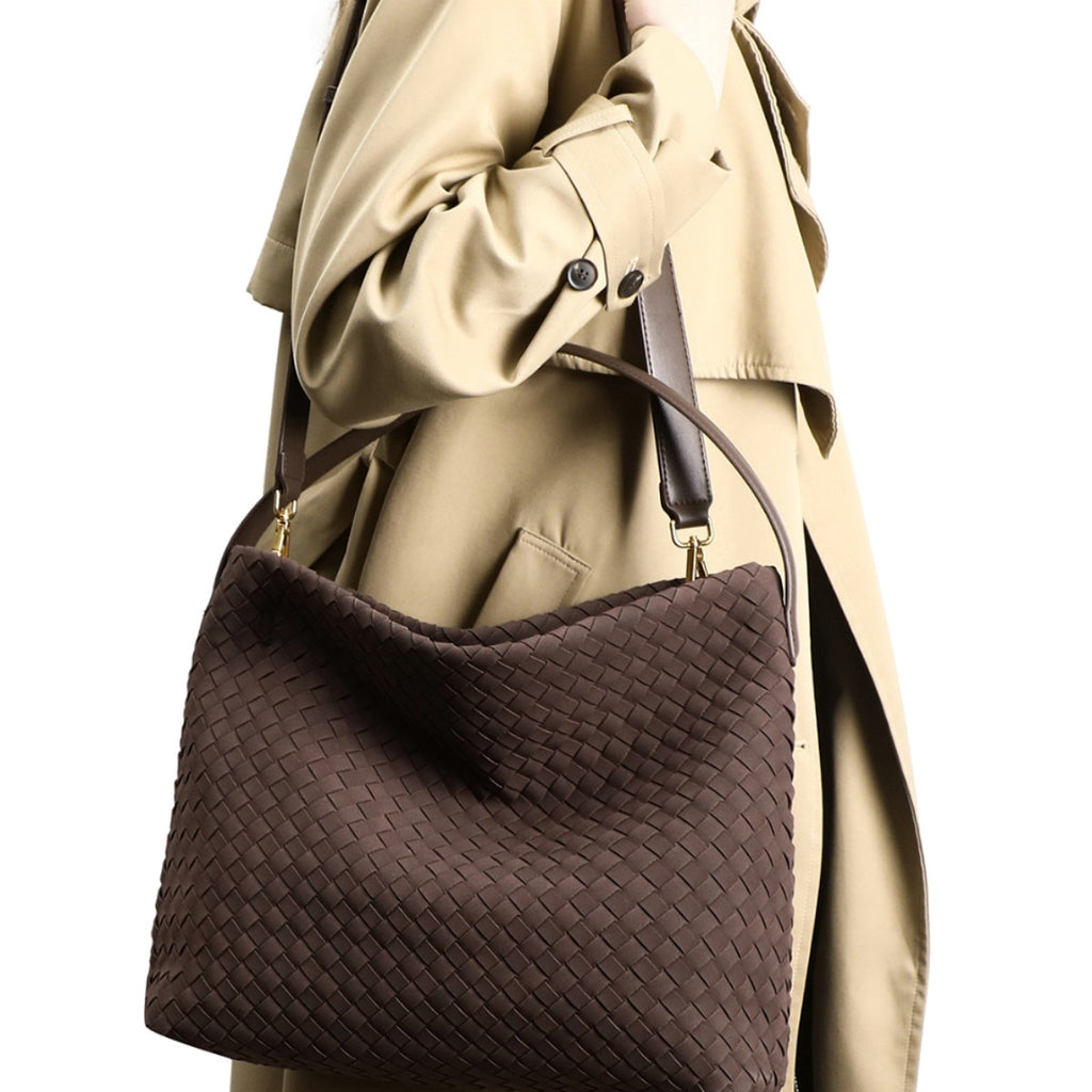 Dark Brown Woven Shoulder Bag – 13.4 × 11.4 in