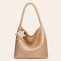 Champagne Gold Woven Shoulder Handbag – 9.1 × 8.7 in
