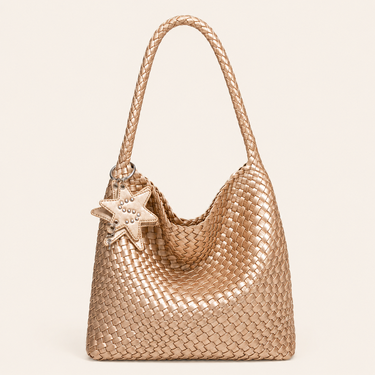 Champagne Gold Woven Shoulder Handbag – 9.1 × 8.7 in