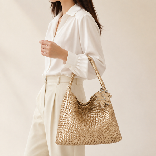 Champagne Gold Woven Shoulder Handbag – 9.1 × 8.7 in