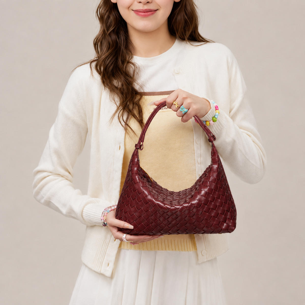 Burgundy Woven PU Underarm Bag – 9.4 × 5.9 in