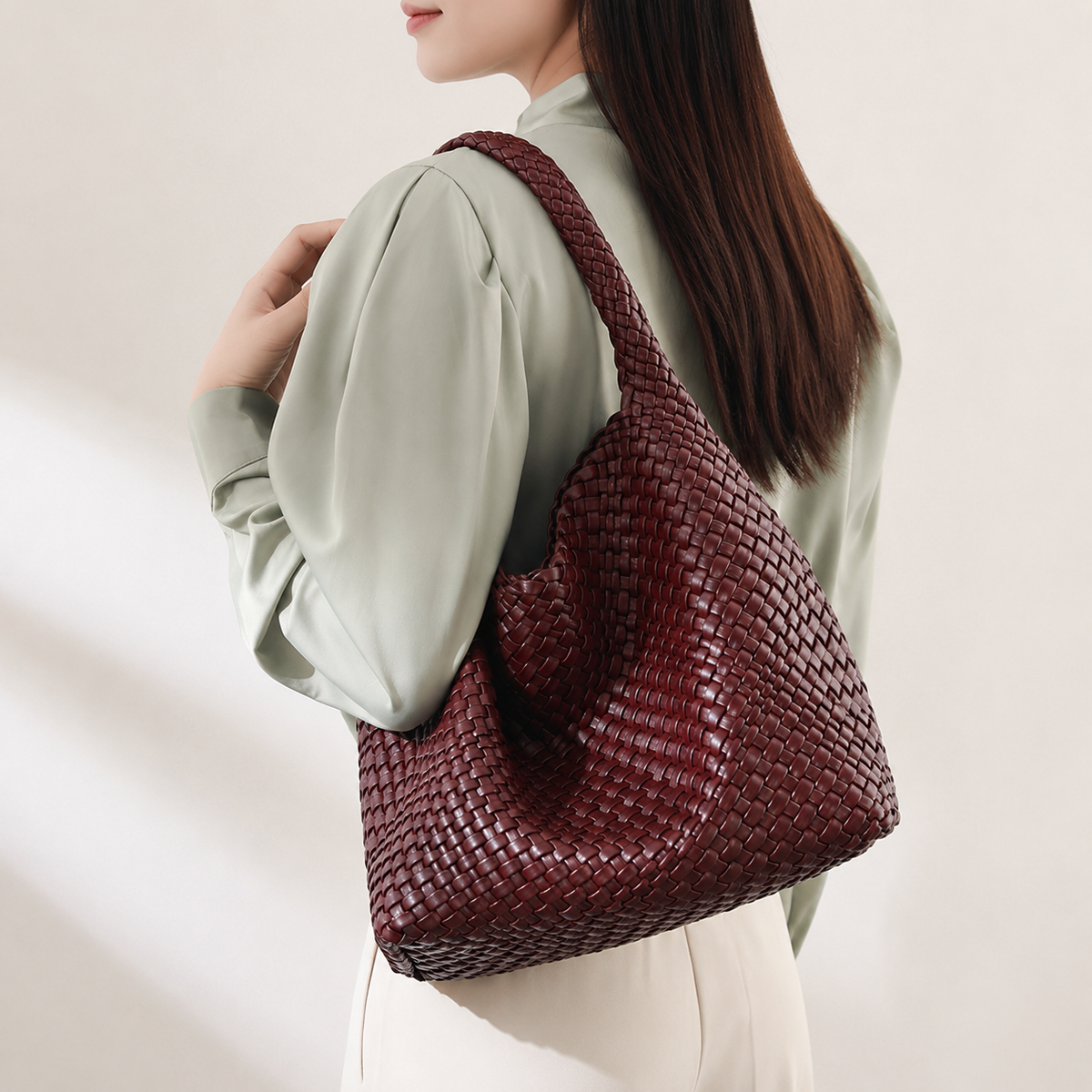 Women's Large Woven Shoulder Handbag – Burgundy