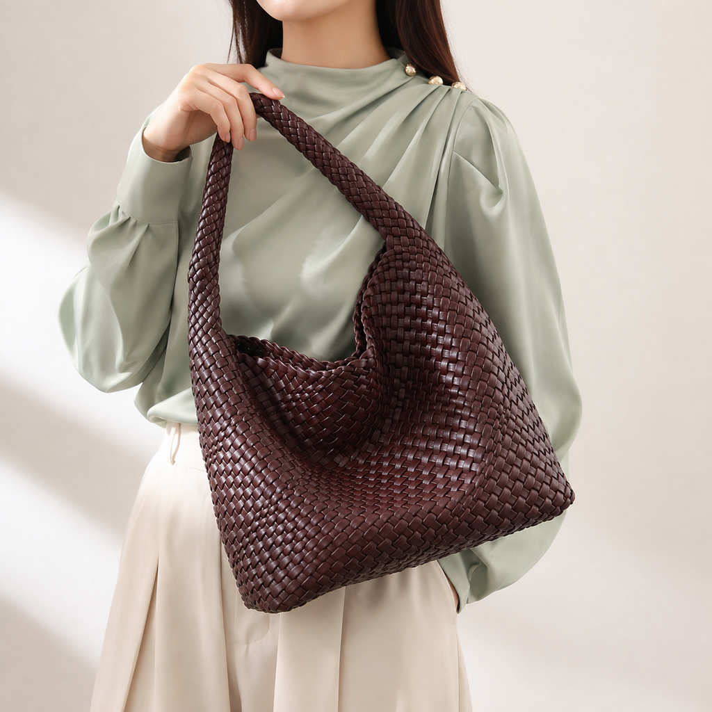 Women's Large Woven Shoulder Handbag – Burgundy
