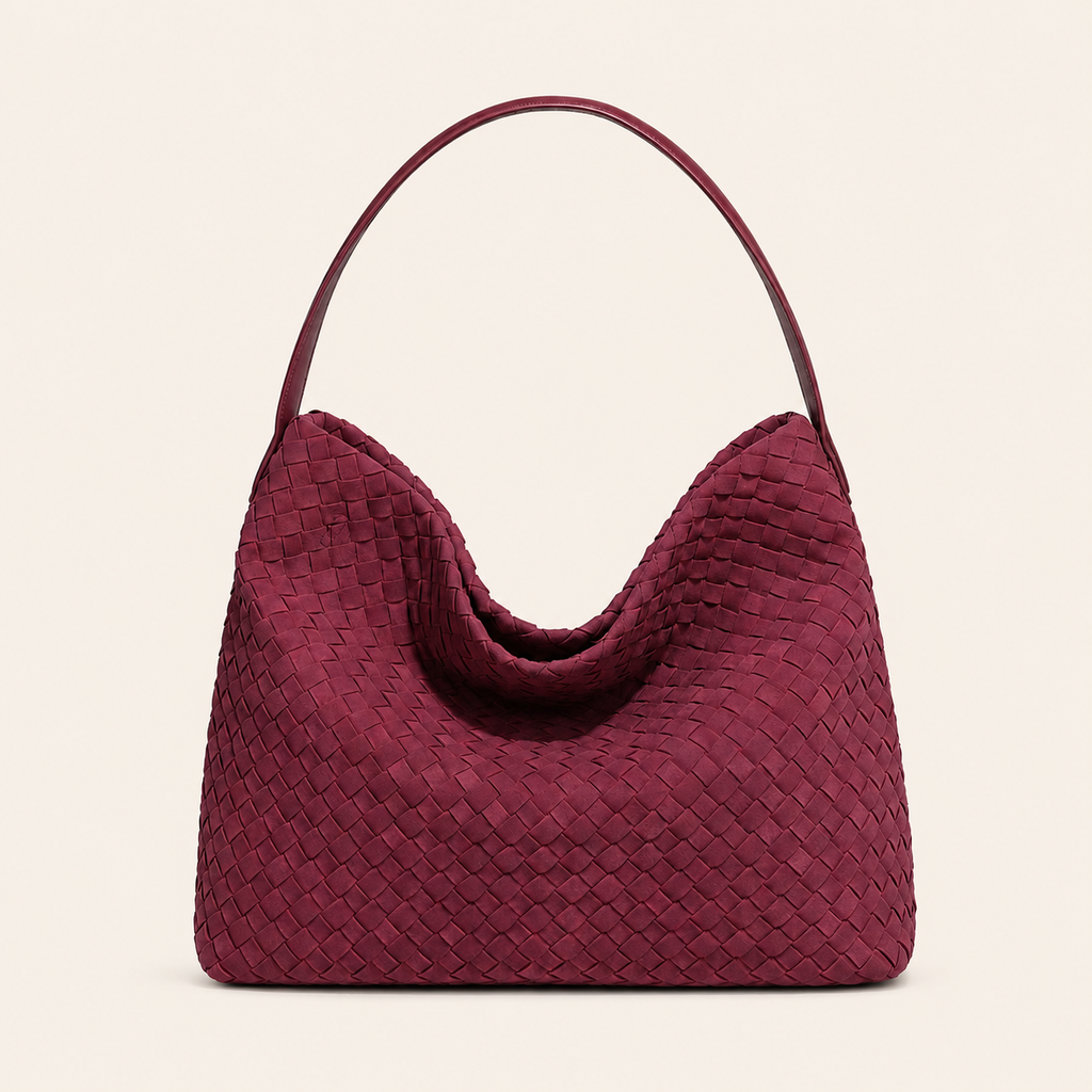 Women's Large Woven PU Shoulder Bag – Burgundy