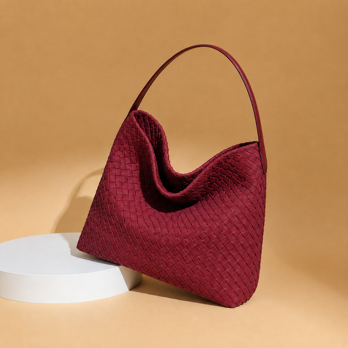 Women's Large Woven PU Shoulder Bag – Burgundy